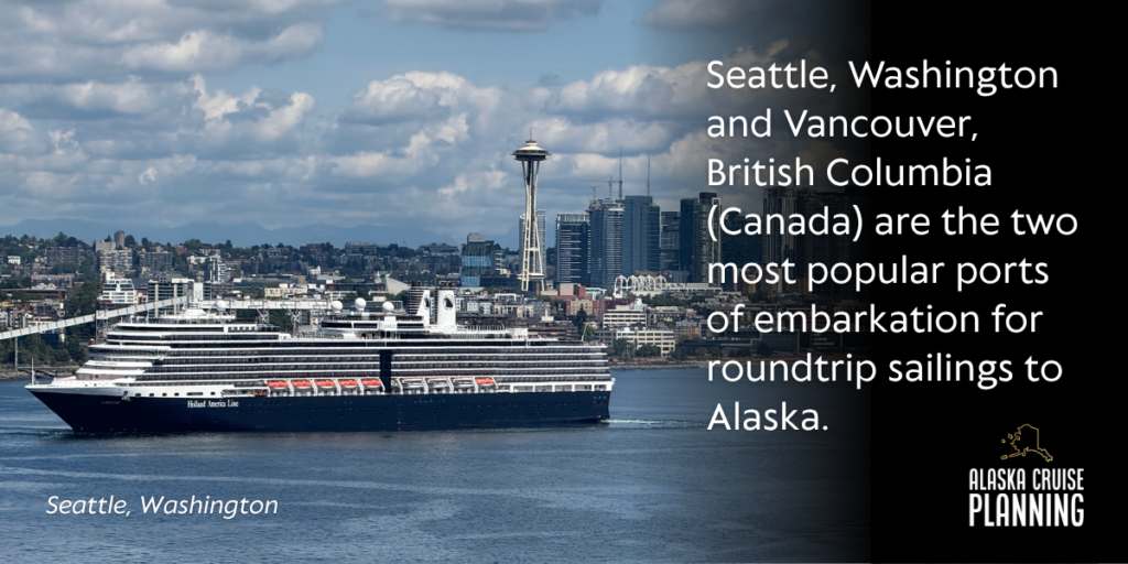 Cruise ship docked in Seattle, Washington preparing to depart on a 7-night roundtrip Alaska cruise through the Inside Passage.