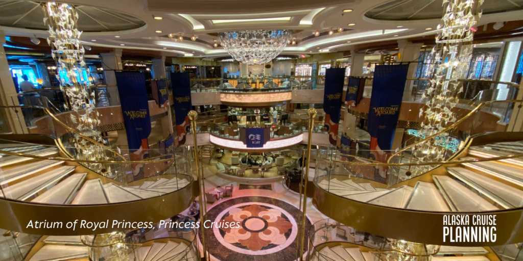 Elegant multi-level atrium aboard Royal Princess, one of Princess Cruises’ top-rated ships for Alaska cruise planning and premium onboard amenities.