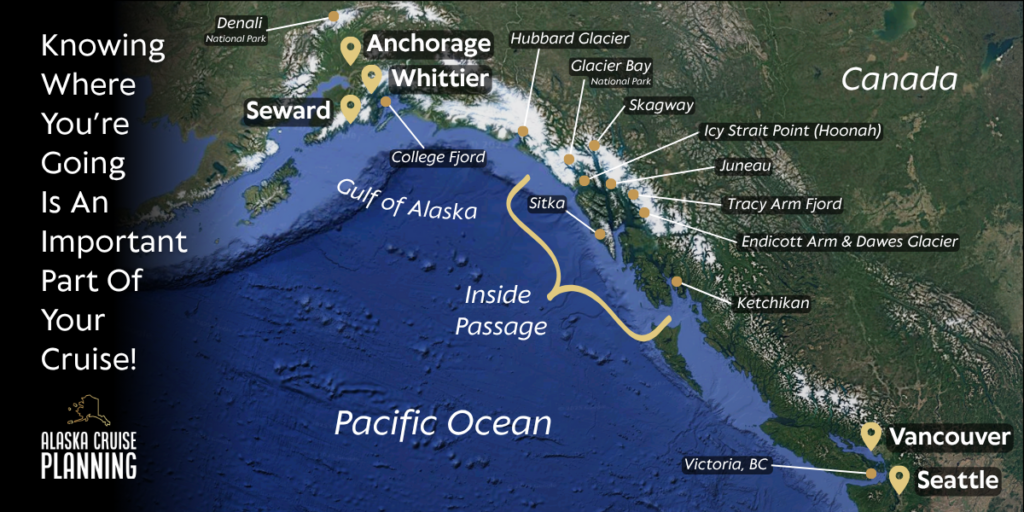 Map showing major Alaska cruise embarkation and debarkation ports—including Seattle, Vancouver, Whittier, and Seward—as well as popular Inside Passage stops like Juneau, Ketchikan, and Skagway.