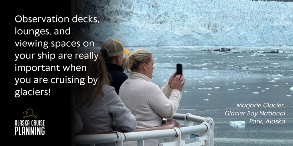 Cruise passengers on the Royal Princess observation deck watching Marjorie Glacier during a scenic Alaska cruise through Glacier Bay National Park.