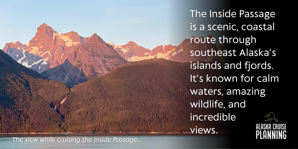 Sunset view from an Alaska cruise ship sailing through the Inside Passage, with golden skies reflecting on calm ocean waters and forested islands in the distance.