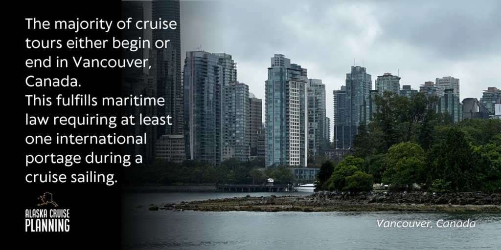 Skyline of Vancouver, British Columbia, with modern high-rise buildings and waterfront views—one of the main departure or arrival points for Alaska cruise tours.