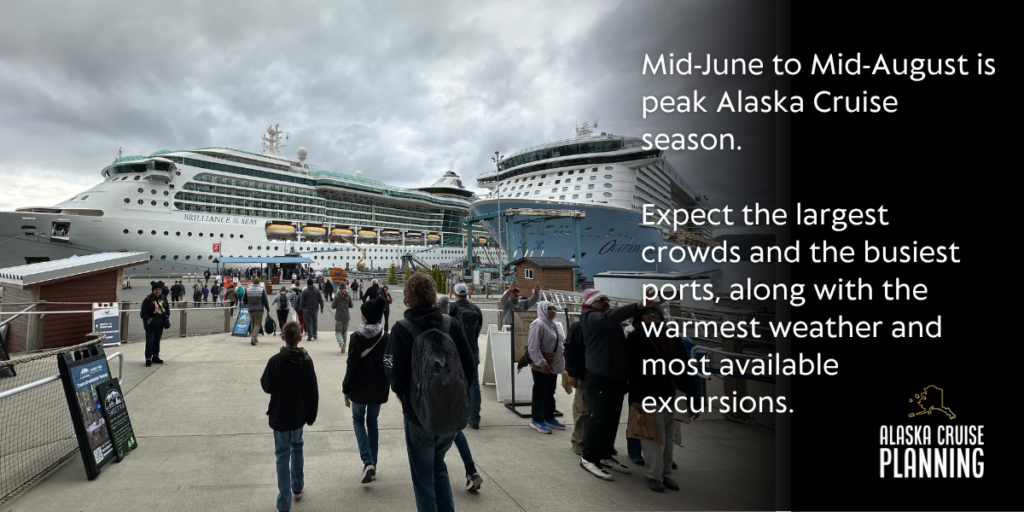 Bustling cruise port in Sitka, Alaska during peak summer season — highlighting crowds and vibrant energy of Alaska’s busiest months.
