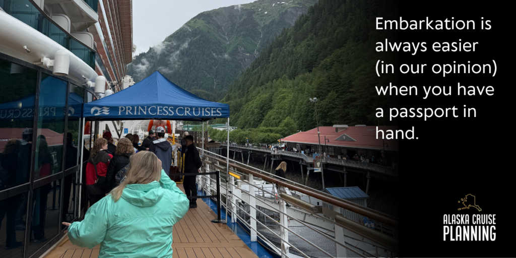 Cruise passenger presenting a passport during embarkation, making Alaska cruise check-in faster and smoother