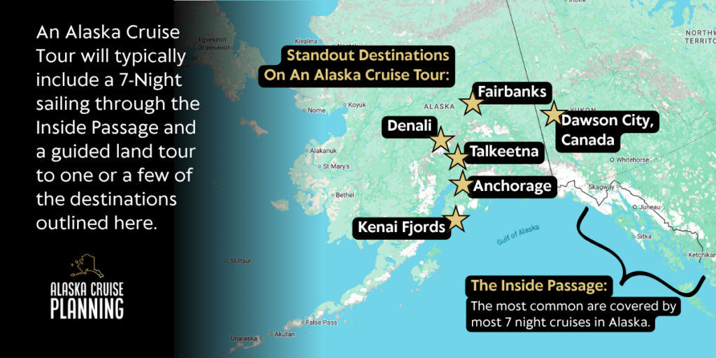 Map showing top destinations included in Alaska cruise tours like Denali, Fairbanks, and Talkeetna