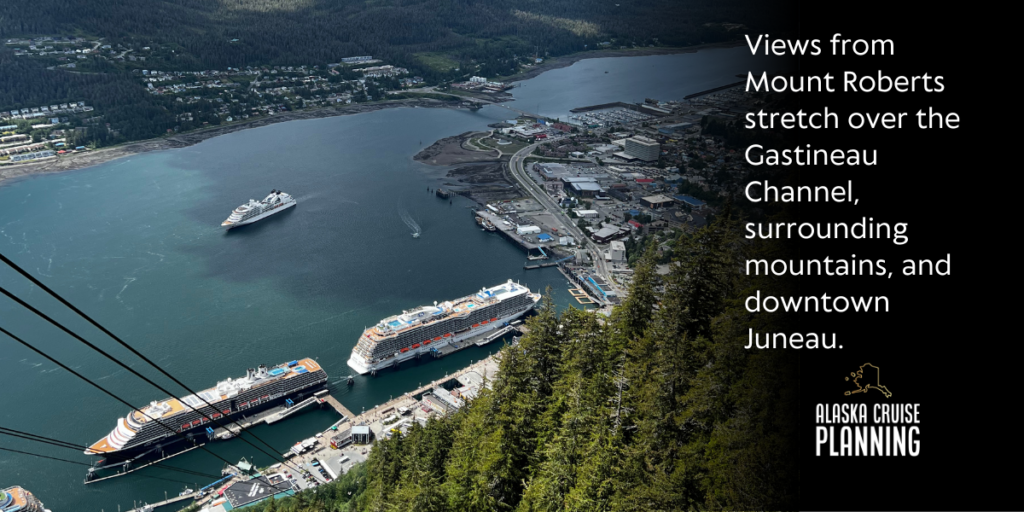 Panoramic view from Mount Roberts Tramway on a clear day in Juneau Alaska