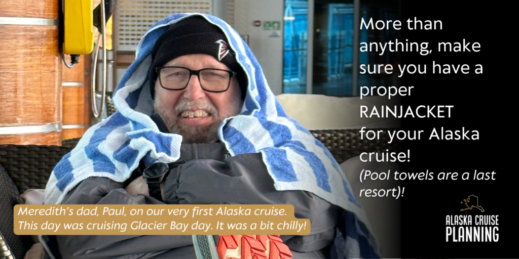 Man wrapped in towels on a cruise ship top deck, unprepared for chilly weather — a reminder why Alaska cruise weather packing must include warm layers.